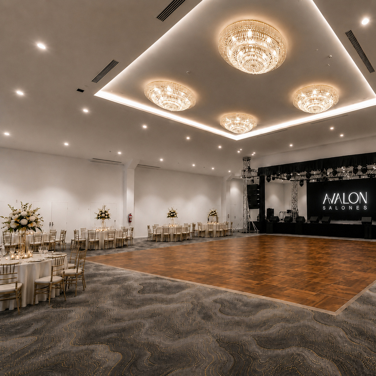 Salón Avalon preparado para una celebración elegante